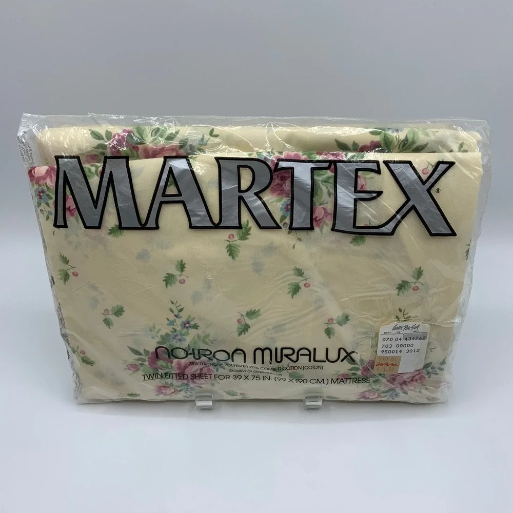 Vtg Martex No Iron Twin Fitted Sheet Cottagecore Ivory Floral Made in USA New